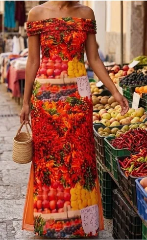Zara Picante Pepper Mesh Fruit Vegetable Print Off Shoulder Maxi Dress Red Small thumbnail 1