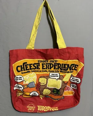 Trader Joe's Shopping Bag Tote Fabric‎ Reusable Cheese Adventures Red Yellow thumbnail 1