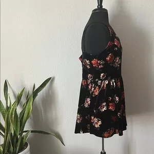 Floral Velour Velvet Black Sleeveless Cross Back Women's Romper thumbnail 4