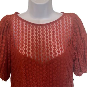 Haute Monde Short Puff‎ Sleeve Geometric Lace Sheer NWT Orange Medium Workwear thumbnail 3