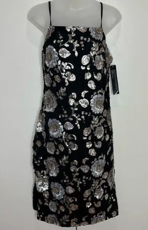 Anthropologie Goldie metallic Floral Sequin Mini Dress black mesh adjustable straps NWT XS thumbnail 1