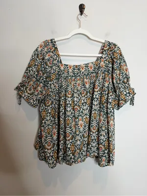 DR2 Boho Peasant Blouse Womens Large Green Floral Puff Sleeve Cotton Shirt thumbnail 5
