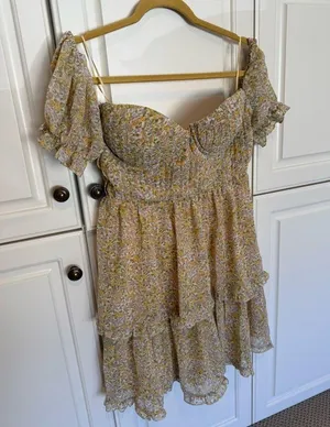 ASTR The Label Women’s Off Shoulder Two Tier Yellow Floral Mini Dress Medium thumbnail 3