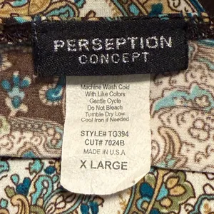 Perseption Concept Top Stretch Knit Popover Blouse Brown‎ Teal Paisley Medium thumbnail 4