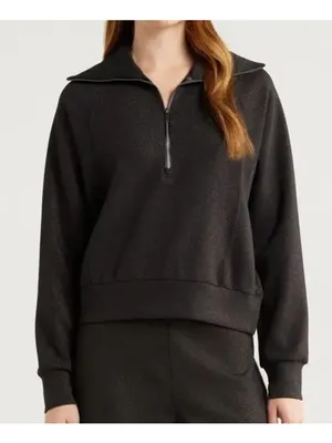 Spanx AirEssentials Half Zip Shimmer Very Black Gunmetal Shine Henley Sweater M thumbnail 1