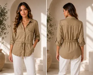 📌 TITLE Zara Khaki Tan Utility Drawstring Button Down Blouse Top XS thumbnail 2