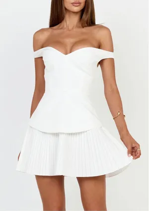 Showpo Izara Off Shoulder Pleated Mini Dress Off White US 16 thumbnail 1