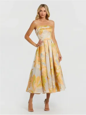 Mac Duggal 20724 Beige and Orange Strapless Brocade Midi Dress with Pockets sz 6 thumbnail 3