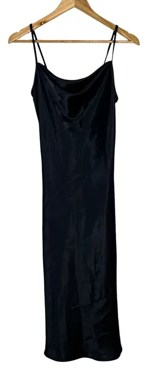 Bebe Cowl Neck Solid Satin Slip Midi Nightgown Black Y2K Minimalist Slit Size S thumbnail 1