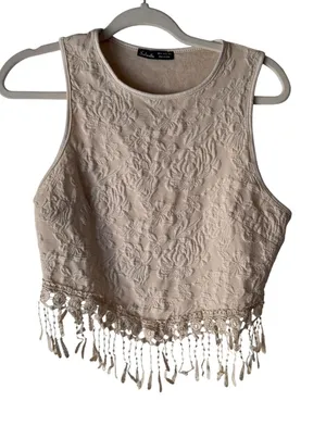 Salanta Textured Floral Crop Top Fringe Lace Boho Cream Size M Boho Festival‎ thumbnail 1
