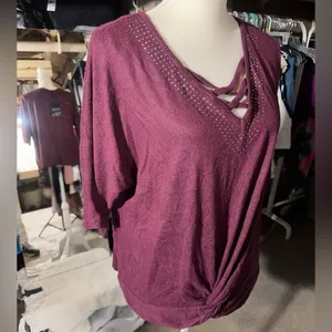 A Love Story Purple Burgundy Tunic Top Stretch Knit V-neck Dolman 3/4 Sleeve NWT thumbnail 4