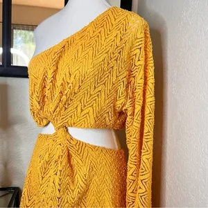 RAMY BROOK‎ Henrietta Dress Yellow Textured Size Large NWT Cutout Flare Sleeve thumbnail 10