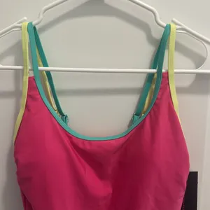 No Boundaries Pink One-Piece High Leg Swimsuit Yellow and Green Straps Size M thumbnail 2