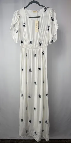 NWT Roolee Flutter Sleeve Patterned Midi Dress in White‎ Blue Size XS thumbnail 1