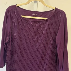 Ann Taylor LOFT Plum Purple Sequin Front 3/4 Sleeve Cotton Top Large Large thumbnail 3