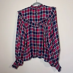 Free People Charlie Ruffle Plaid Smocked High Neck Top Holiday Red M thumbnail 6