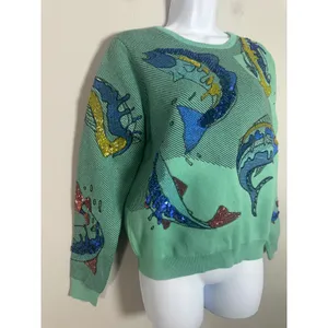 Vintage Style Mint Green Sequin Beaded Fish Knit Crewneck Sweater Large thumbnail 2