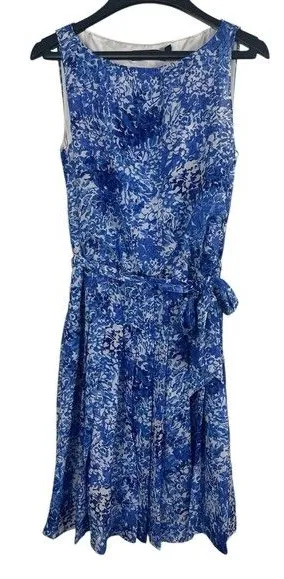 Lauren Ralph Lauren Blue Floral Sheer Lined Tie Waist Pleated Sleeveless Dress 2 thumbnail 1