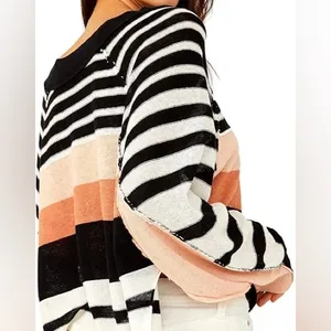 Free People Block Party Linen Cotton Stripped‎ Boxy Knit Exposed Hem Sweater thumbnail 2