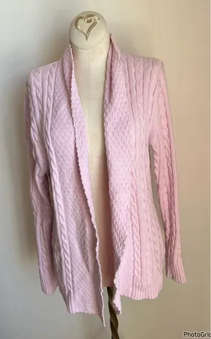 LL Bean Pink Cable Knit 100% Cotton Open Cardigan thumbnail 1