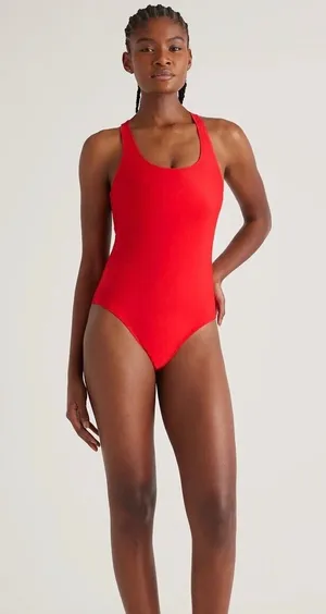 New Quince Italian Cross Back One Piece Women's Swimsuit Cherry Red Size Small thumbnail 1