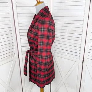 BeFree Tartan Plaid Double Breasted Tie Waist Trench‎ Overcoat Red XS thumbnail 2