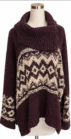 Free People Ragnar Fair Isle Oversized Wool Blend Cowl Neck Sweater Burgundy thumbnail 1
