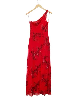 NWT Southern Fried Chics Gown Medium Red Sequin Floral One Shoulder Maxi Dress thumbnail 3