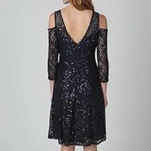 NWT Marina Black Illusion Lace Cocktail Dress With Round Neck and V Back Size 6 thumbnail 3