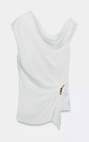 Zara NWT white draped satin effect ruched asymmetrical hem gold brooch top thumbnail 1