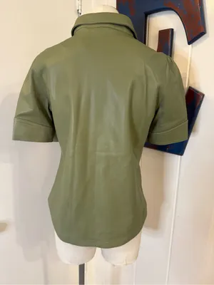 Steve Madden Olive Green Short Sleeve Button-Front Leather Shirt Sz S thumbnail 2