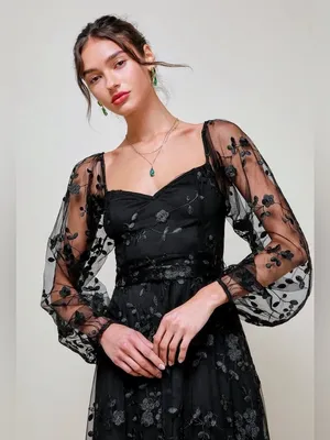 NWT Lulus Darling Charisma Black Mesh Embroidered Midi Dress S thumbnail 2