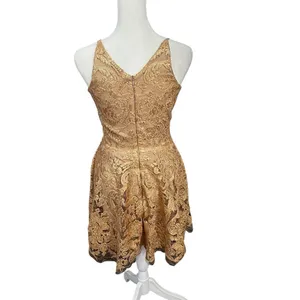 Dress the Population Gold Metallic Lace V Neck Fit Flare Cocktail Mini Dress S thumbnail 6