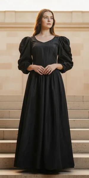 Vintage 80s Black Prom Dress‎ Victorian widow puff sleeves Taffeta sz 6/S goth thumbnail 1