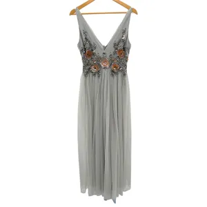 BHLDN Isabel Gray Embellished Tulle Maxi Dress 2 3D Floral Sequin Gown Wedding thumbnail 3