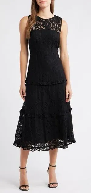 Black Size 6 Lace Sleeveless Tiered Ruffle Midi Dress thumbnail 1