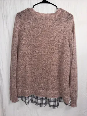 Sonoma Life + Style Layered Look Knit Sweater Plaid Hem Pink Gray Size XL thumbnail 2