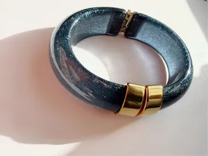 Bold gold and blue chunky statement bangle bracelet resin and stainless steel thumbnail 2