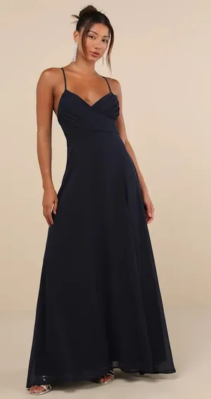NWOT Lulus Event Ready Navy Backless Lace-Up Maxi Dress Wedding Bridesmaid Sz L thumbnail 1