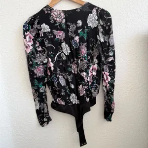 AFRM Surplice Long Sleeve‎ Bodysuit Puff Sleeve Black Pink Floral Small S thumbnail 7
