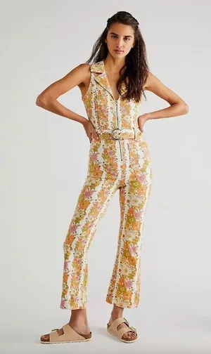 Show Me Your Mumu Jacksonville Cropped Jumpsuit Groovy Blooms Stripe Womens S thumbnail 1