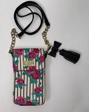 Betsey Johnson Crossbody Purse Wallet Handbag‎ Roses Stripes Snap Y2K Girlie Fem thumbnail 1