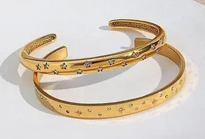 Boutique NEW Heavy 18k Gold Simulated Diamond Stars Bangle Cuff Bracelet‎ Sz Adjustable thumbnail 1