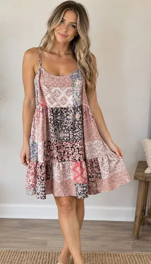 Patchwork Boho Mini Dress Women’s Size Large Made in USA thumbnail 1