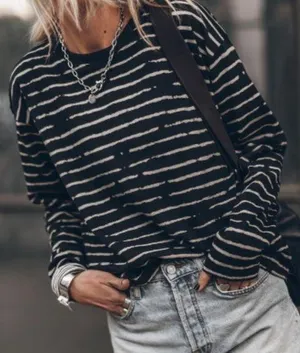 NEW Black Long Sleeve Casual Crewneck Top with White Abstract Stripes thumbnail 1