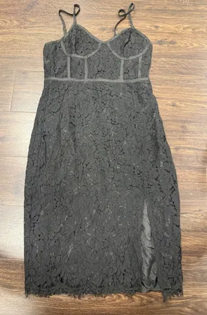 Lulus Black Floral Lace Bustier Midi Dress Corset Bodycon Slit Size M thumbnail 1