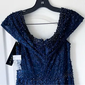 Alexander By‎ Daymor Beaded Gown Maxi Slit Dress Wedding Off-Shoulder Navy 6 NWT thumbnail 8