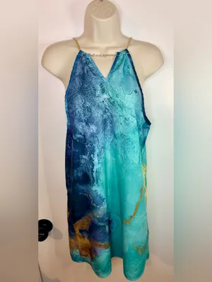 Emery Rose S Teal Blue Gold Chain Halter Dress Watercolor Marble Mini thumbnail 3