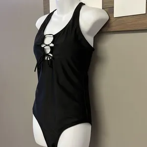 SHEIN Black One Piece Plunging Neckline with Tie and Razorback Swimsuit- Large thumbnail 7