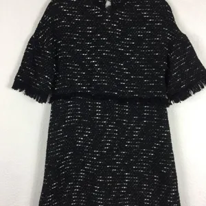 Zara Black Fringe Tweed Textured Knit Wide Sleeve Aline Mini Dress Medium thumbnail 9